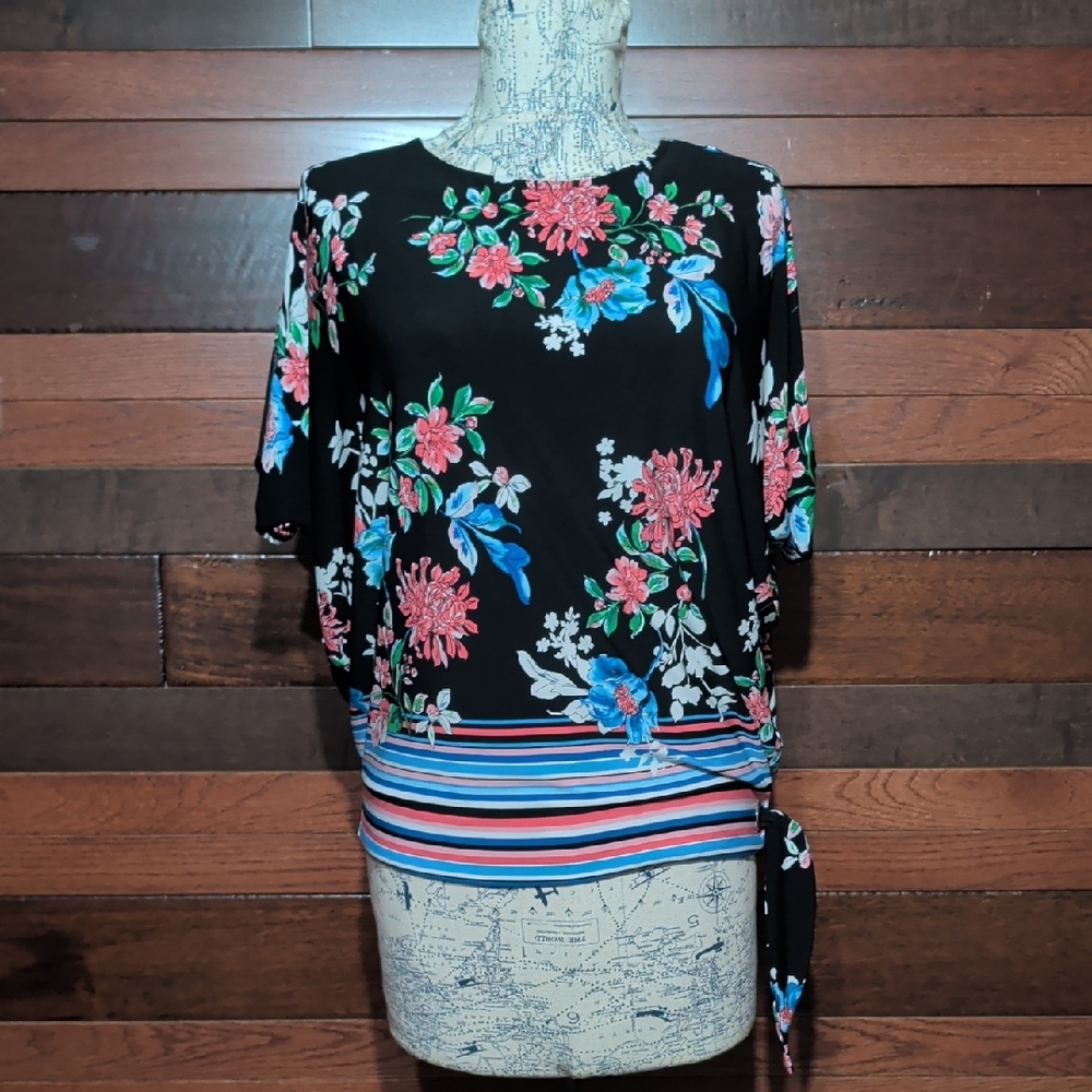 Rafaella Black Floral Blouse with Red and Blue Accents